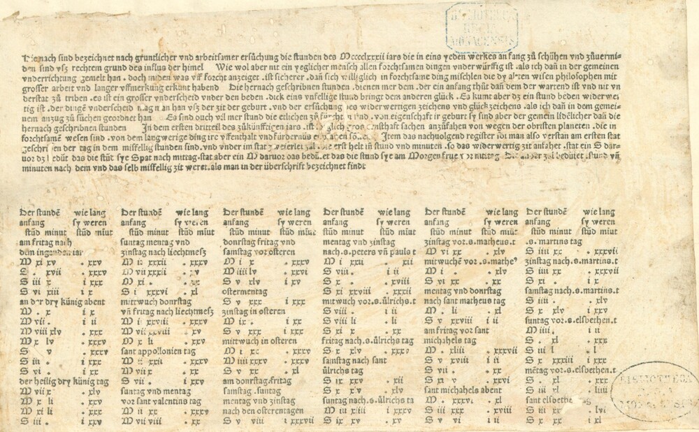 Cover für Hie nach sind bezeichnet nach gruntlicher und arbeitsamer ersuochung die stunden des MCCCClxxxii iars die in eins yeden werkes anfang zuo schihen und zuovermiden sind uß rechtem grund des influs der himel