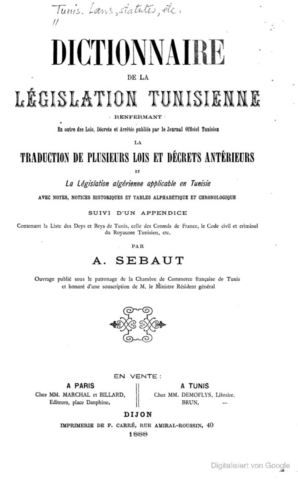 Cover für Dictionnaire de la législation tunisienne
