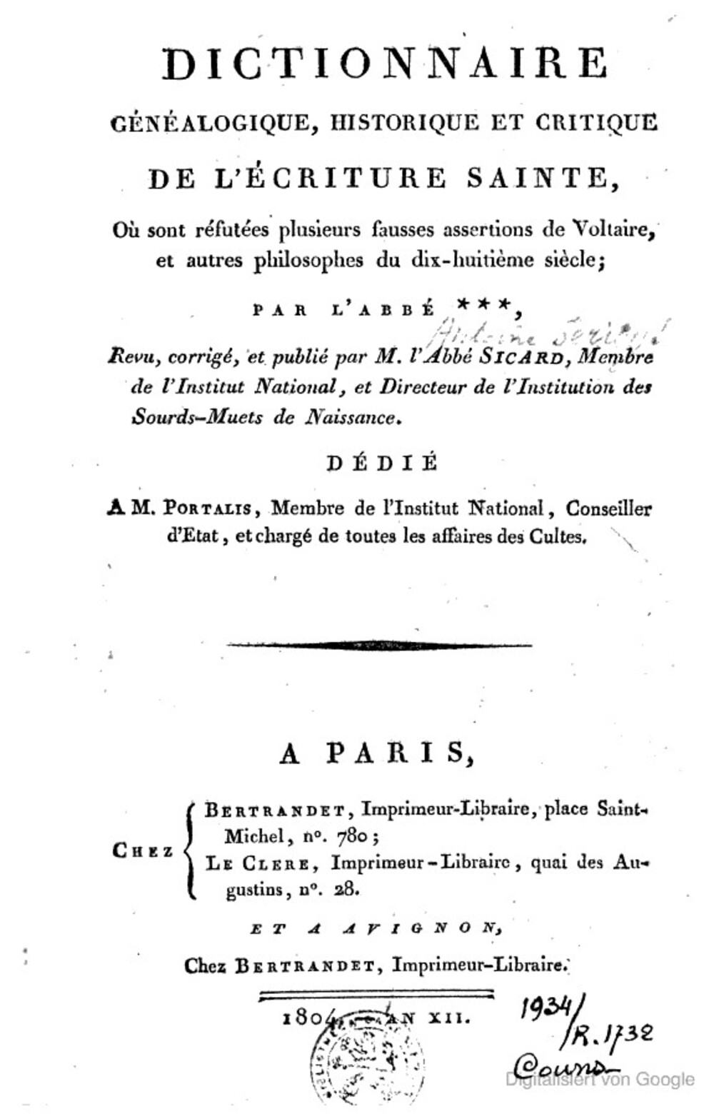Cover für Dictionnaire généalogique, historique et critique de l'écriture sainte