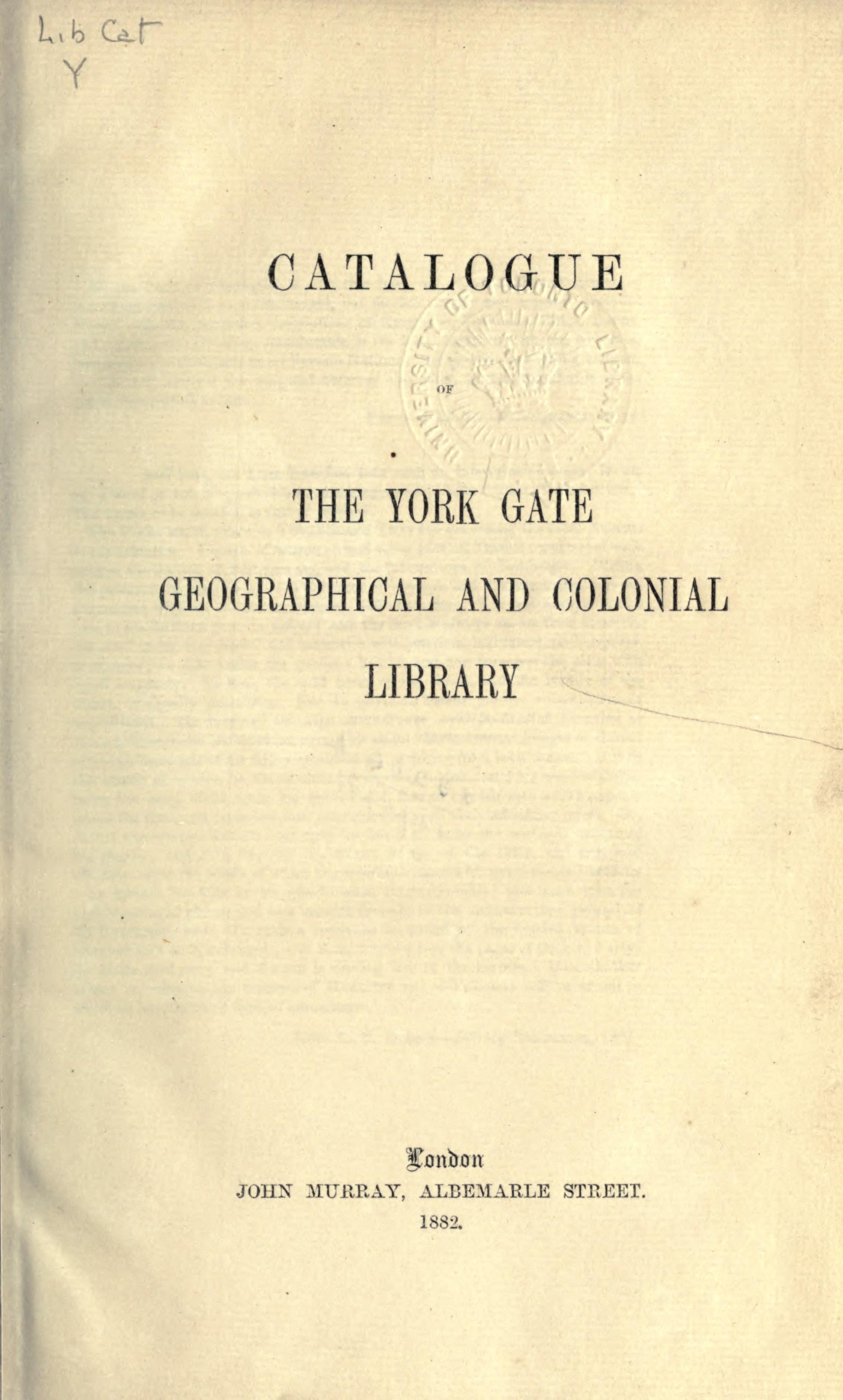 Cover für Catalogue of the York Gate Geographical and Colonial Library