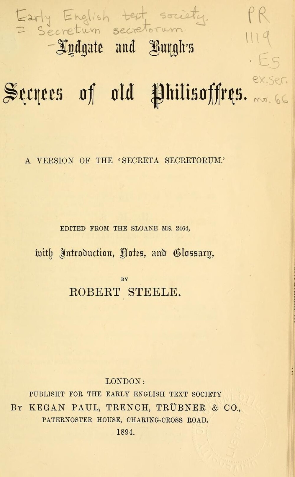 Cover für Lydgate and Burgh's Secrees of old Philisoffres
