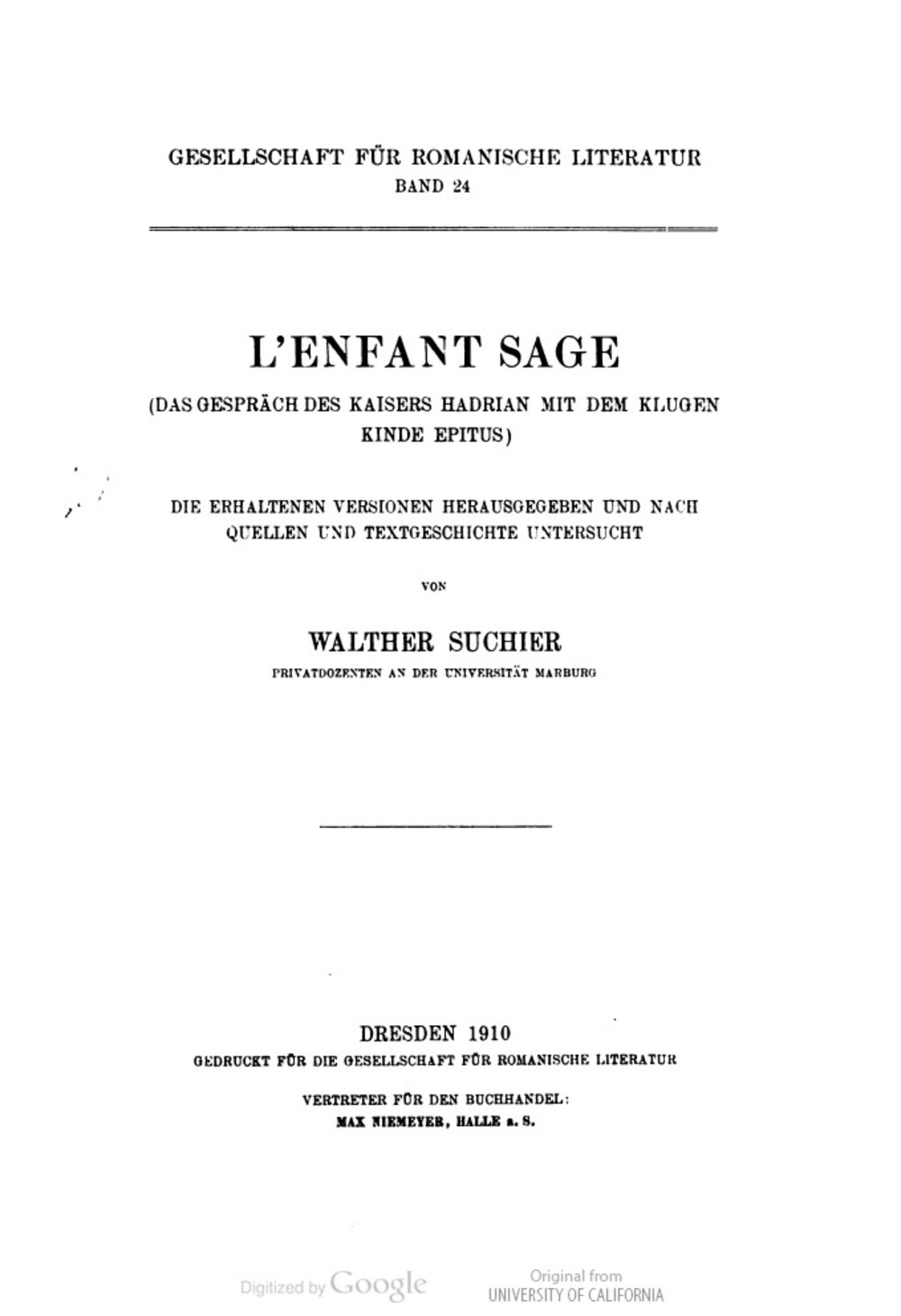 Cover für De l'enfant saige