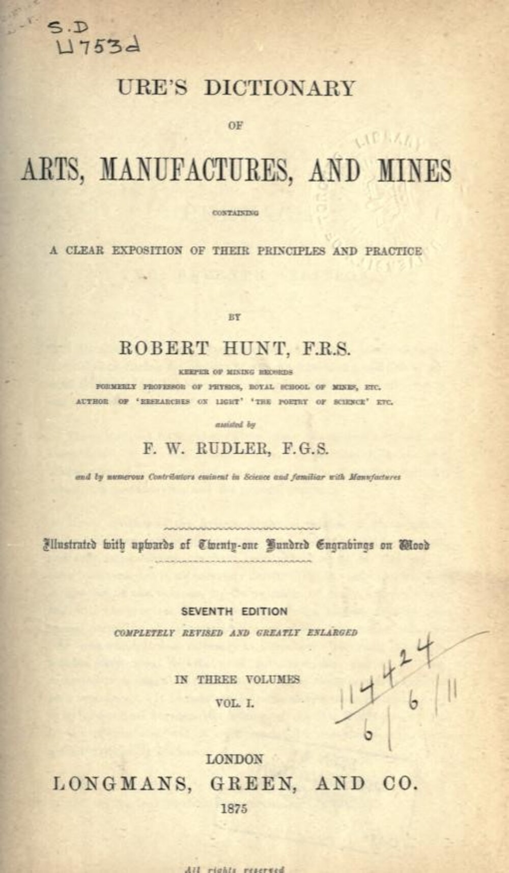 Cover für Ure's dictionary of arts, manufactures, and mines