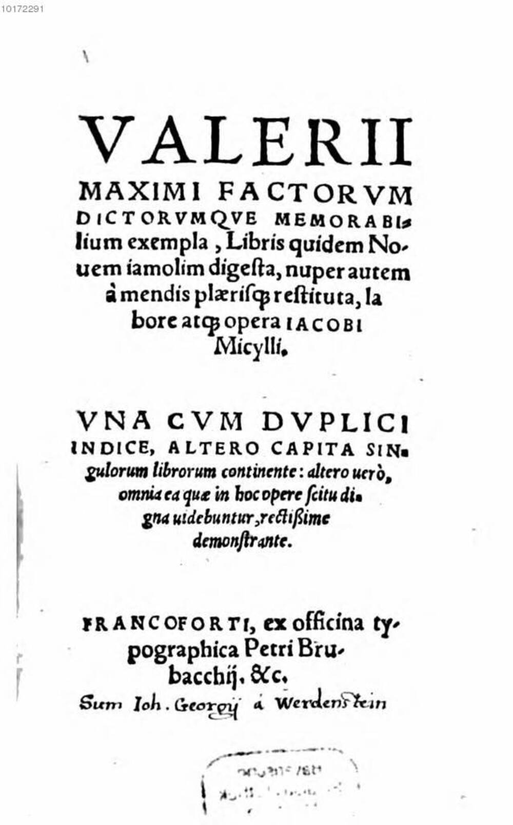 Cover für Factorum dictorumque memorabilium exempla, libris quidem novem. Iam olim digesta, nuper autem amendis plaerisque restituta, labore atque opera Jacobi Micylli