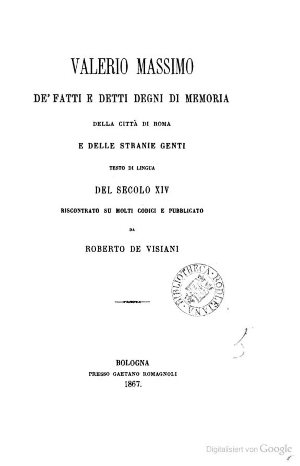 Cover für De' fatti e detti degni di memoria della citta di Roma e delle stranie genti