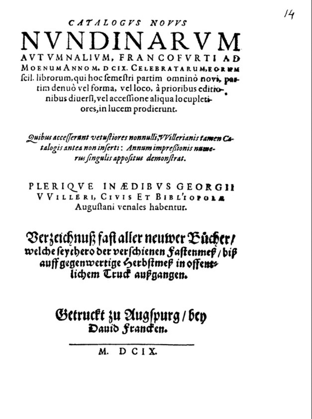 Cover für Catalogus novus nundinarum autumnalium, Francofurti ad Moenum anno M.DCIX. celebratarum, eorum scil. librorum