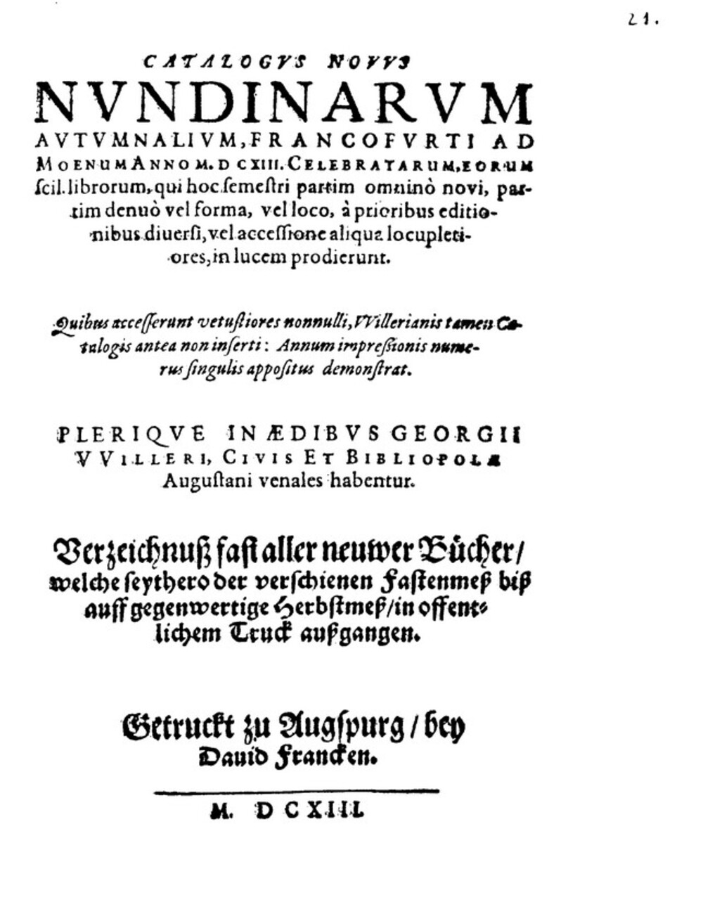 Cover für Catalogus novus nundinarum autumnalium, Francofurti ad Moenum anno M.DCXIII. celebratarum, eorum scil. librorum
