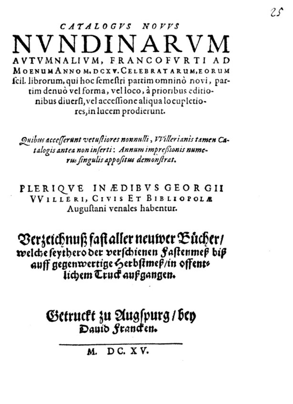 Cover für Catalogus novus nundinarum autumnalium, Francofurti ad Moenum anno M.DCXV. celebratarum, eorum scil. librorum