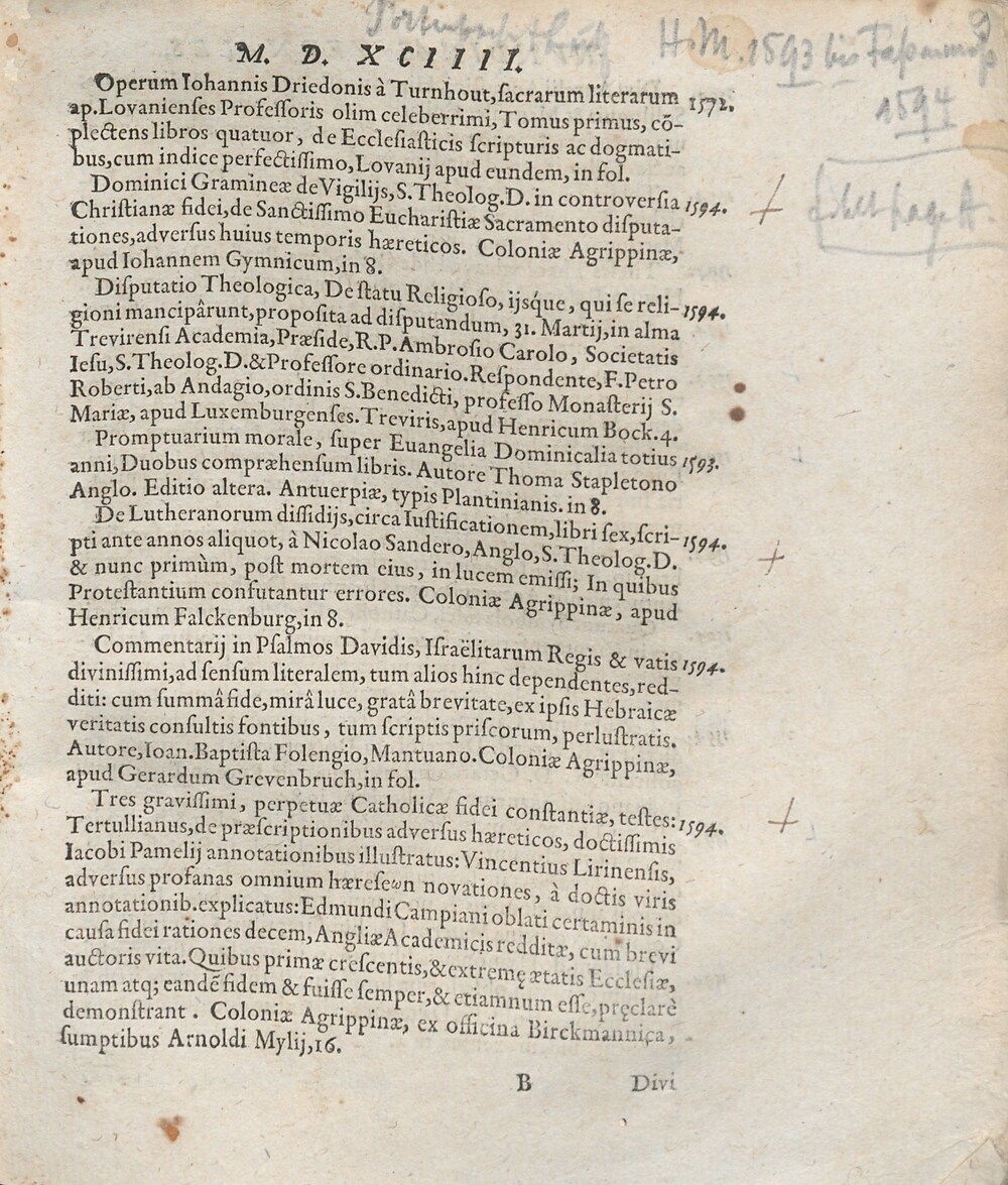 Cover für Catalogus novus nundinarum vernalium, Francofurti ad Moenum, anno M.D.XCIIII. celebratarum, eorum scilicet librorum, qui hoc semestri, partim omnino novi; partim denuo vel forma, vel loco, a prioribus editionibus diversi; vel accessione aliqua locupletiores; in lucem prodierunt, & his nundinis venales sunt expositi