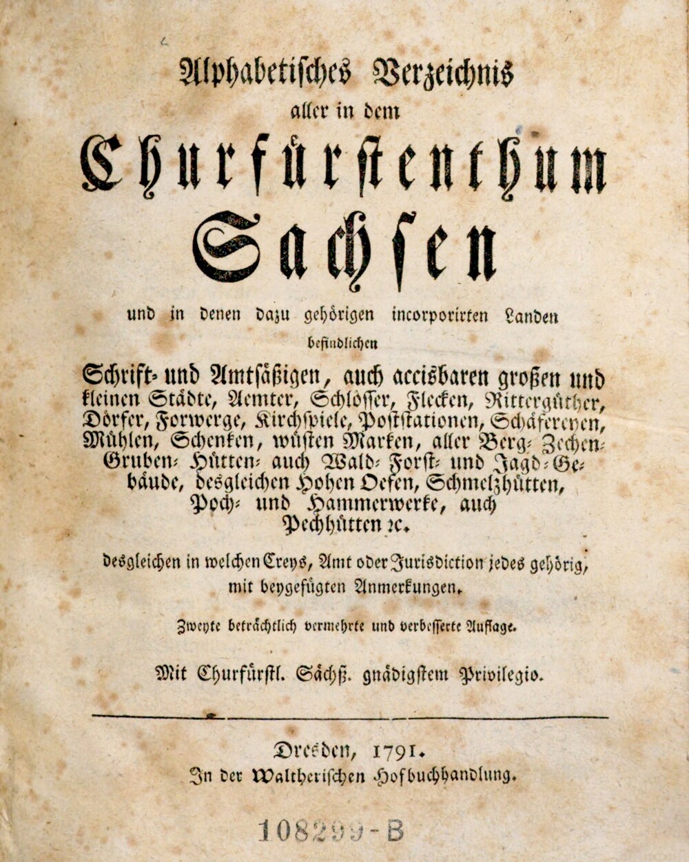 Cover für Alphabetisches Verzeichnis aller in dem Churfürstenthum Sachsen und in denen dazu gehörigen incorporirten Landen befindlichen Schrift- und Amtsäßigen