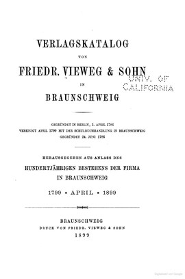Cover: Verlagskatalog von Friedr. Vieweg & Sohn in Braunschweig - Friedr. Vieweg und Sohn - 1899