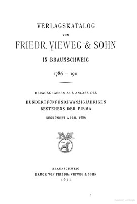 Cover: Verlagskatalog von Friedr. Vieweg & Sohn in Braunschweig, 1786-1911 - Friedr. Vieweg und Sohn - 1911