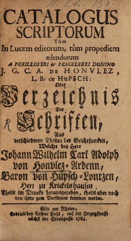 Cover: Catalogus scriptorum - Hüpsch, Adolf von - 1763