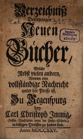 Cover: Verzeichniß derjenigen neuen Bücher - Immig, Carl Christoph - 1725-1726
