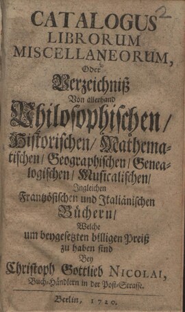 Cover: Catalogus librorum miscellaneorum - Nicolai, Christoph Gottlieb - 1720