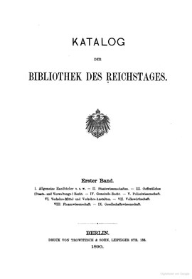 Cover: Katalog der Bibliothek des Reichstages - Potthast, August - 1890-1899