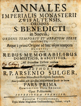 Cover: Annales imperialis monasterii Zwifaltensis, ordinis S. Benedicti in Sueviâ - Sulger, Arsenius - 1698