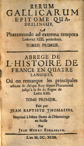 Cover: Rerum Gallicarum epitome quadrilingue - Thomasini, Jean Baptiste - 1693