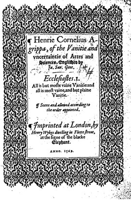 Cover: Of the vanitie of artes and sciences - Agrippa von Nettesheim, Heinrich Cornelius - 1569