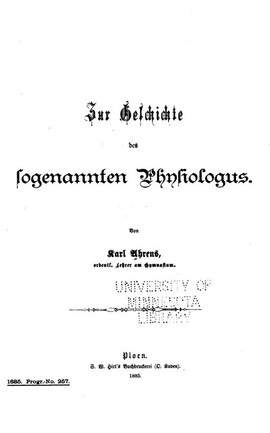 Cover: Zur Geschichte des sogenannten Physiologus - Ahrens, Karl - 1885