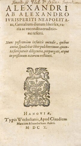Cover: Genialium dierum libri sex, varia ac recondita eruditione referti - Alessandri, Alessandro - 1610