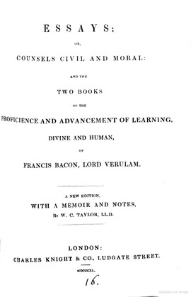 Cover: Essays; or counsels, civil and moral - Bacon, Francis - 1840