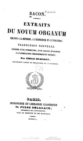 Cover: Extraits du Novum organum, relatifs à la méthode, à l'expérience et à l'induction - Bacon, Francis - 1850