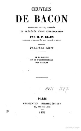 Cover: La grande restauration des sciences - Bacon, Francis - 1852-1859