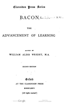 Cover: The advancement of learning - Bacon, Francis - 1876