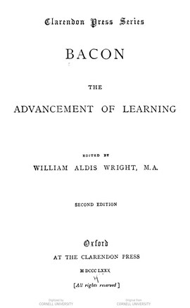Cover: The advancement of learning - Bacon, Francis - 1880