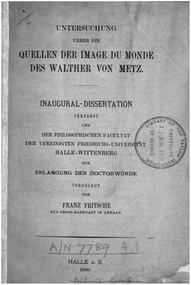 Cover: Untersuchungen über die Quellen der Image du monde des Walther von Metz - Fritsche, Franz - 1880