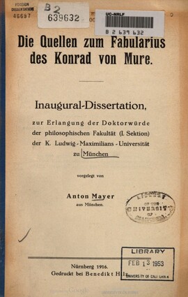 Cover: Die Quellen zum Fabularius des Konrad von Mure - Mayer-Pfannholz, Anton - 1916
