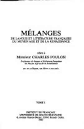 Cover: Mélanges de langue et littérature françaises du Moyen Age et de la Renaissance - 1980