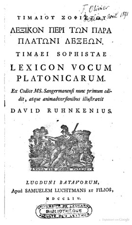 Cover: Λεξικον περι των παρα Πλατωνι λεξεων - Timaios - 1754