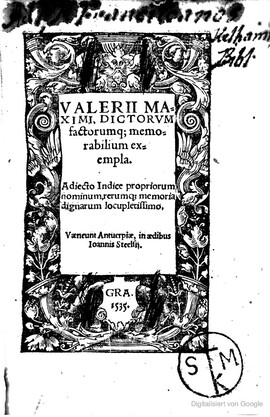 Cover: Dictorum factorumque memorabilium exempla - Valerius Maximus - 1535