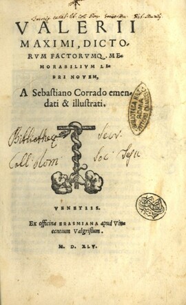 Cover: Dictorum factorumque memorabilium libri novem. A Sebastiano Corrado emendati & illustrati - Valerius Maximus - 1545
