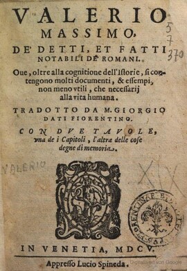Cover: De' detti, et fatti notabili de' romani - Valerius Maximus - 1605