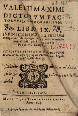 Cover: Dictorum factorumque memorabilium libri IX - Valerius Maximus - 1643