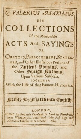 Cover: His collections of the memorable acts and sayings of orators, philosophers, statesmen, and other illustrious persons of the ancient Romans, and other foreign nations, upon various subjects - Valerius Maximus - 1684