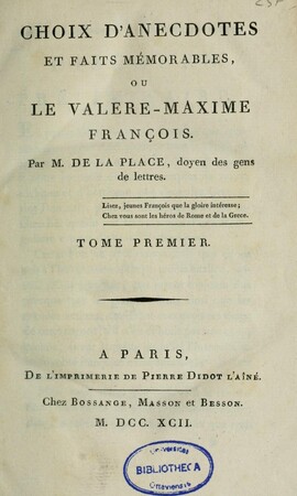 Cover: Choix d'anecdotes et faits mémorables - Valerius Maximus - 1792